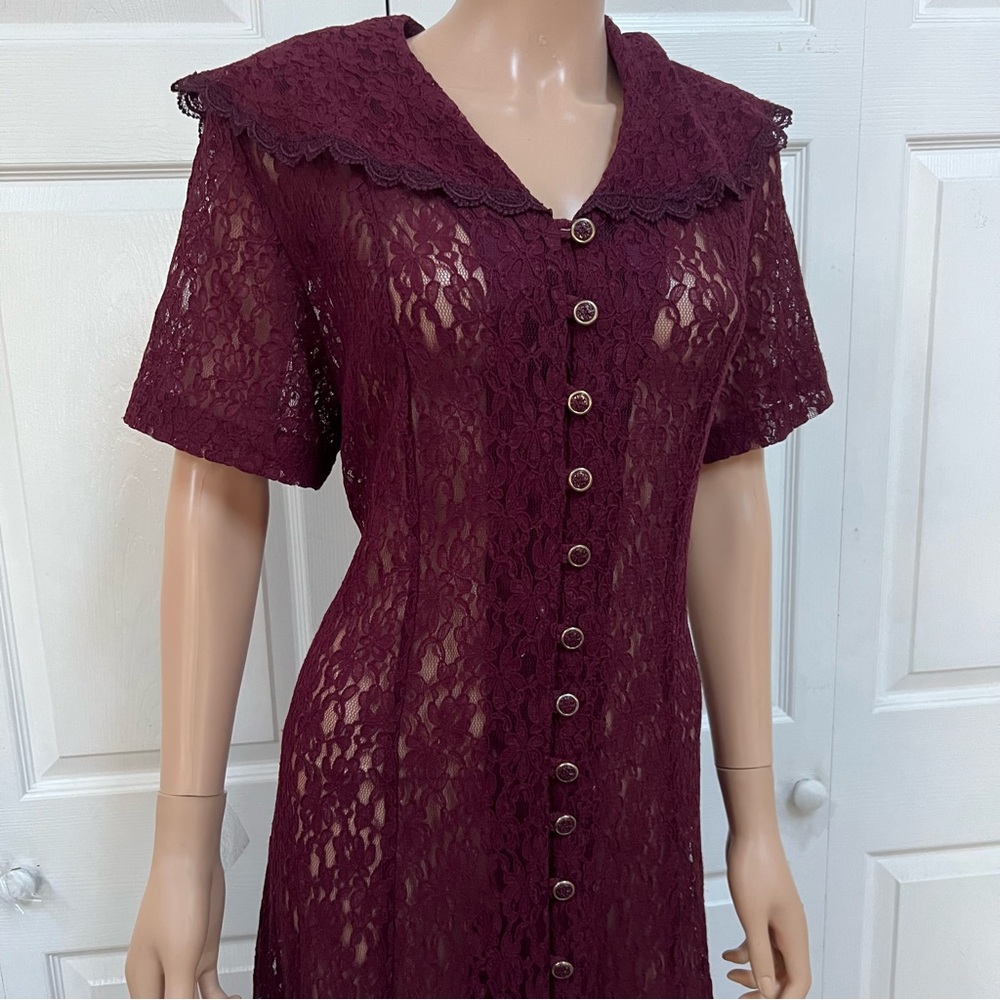 VTG Burgundy Lace Button-Down Long Dress Size L Short Sleeve - Picture 8 of 16